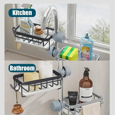 Органайзер для кухонного крана Baxnore з алюмінію, підвісна стійка для зливу крана з піддоном для крапель, тримач для губки для кухонної мийки, стійка для зливу кухні (чорний)