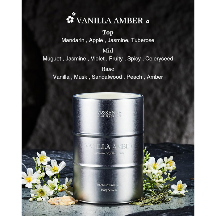 Ароматичні свічки M&SENSE з натурального соєвого воску, натуральна соєва свічка для домашнього декору, тривале горіння до 70 годин, класні подарунки-свічки для чоловіків і жінок (600 г, ванільно-янтарний)