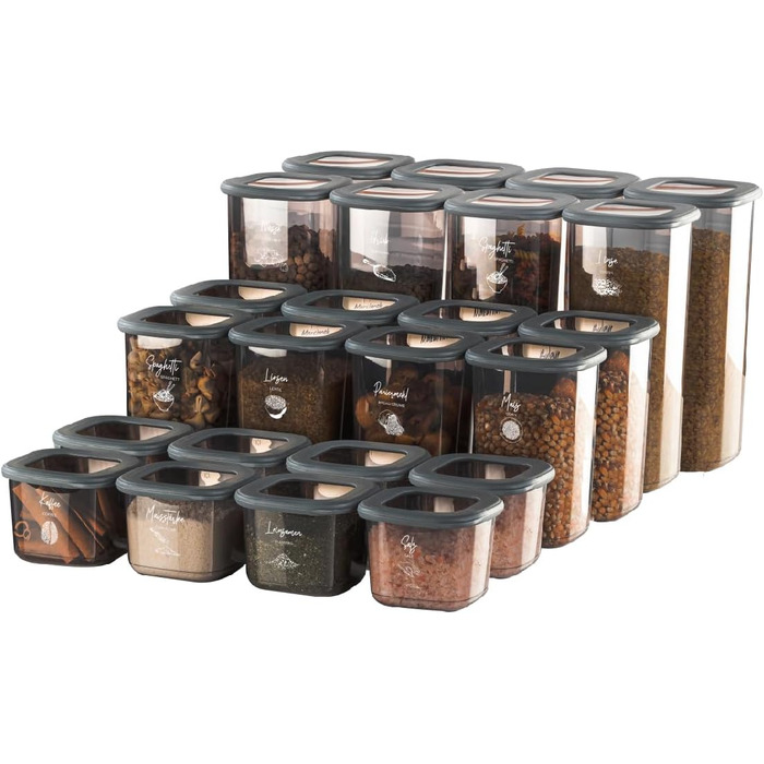 Банки для хранения с герметичными крышками Набор из 24 контейнеров для хранения БЕЗ БИСФЕНОЛА А Для мюсли, хранения муки и сахара Практичный кухонный ящик для хранения всех продуктов антрацит / набор из 24 шт.
