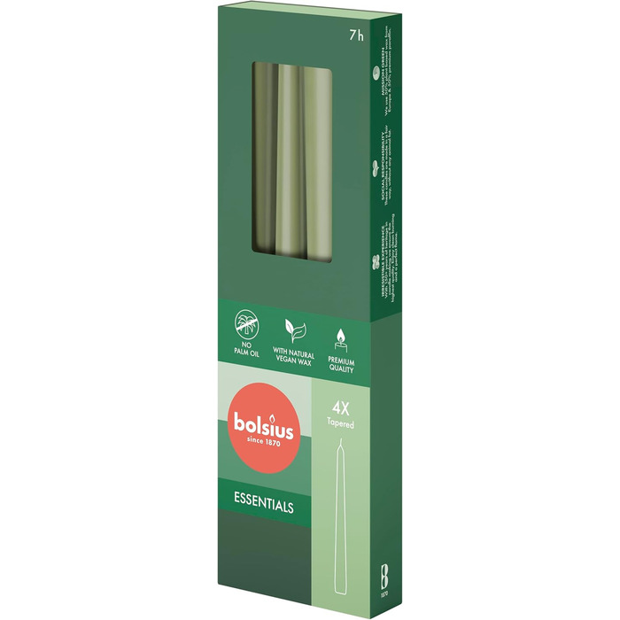 Свічки Bolsius Smooth Taper - Зелені - Набір з 4 шт. у коробці - Декоративні побутові свічки - Час горіння 7 годин - Без запаху - Натуральний рослинний віск - Без пальмової олії - 24,5 см Зелені 4 шт. и (Оливково-зелені, 4 шт. и (упаковка з 2))