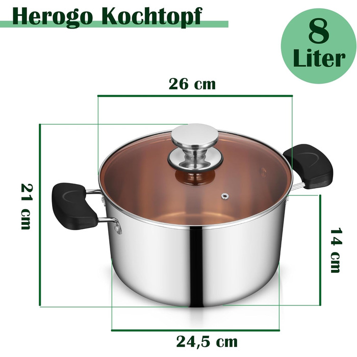 Каструля Herogo Cooking Pot, каструля з нержавіючої сталі зі скляною кришкою, 5-літрова каструля для пасти для всіх плит, міцна та здорова, можна мити в посудомийній машині (1,26 см)