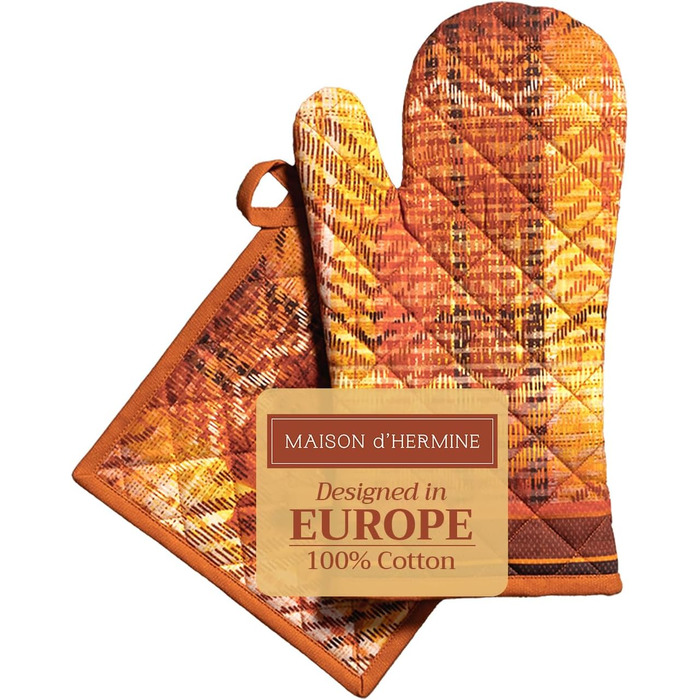 Рукавички для духовки Maison d&39 Hermine, Прихватки для каструль, 100 бавовна, термостійкі кухонні рукавички, рукавички для духовки (19 x 33 см) та прихватки для каструль (20 x 20 см) для приготування їжі, Morzine - Рукавички для духовки (19 x 33 см) та 