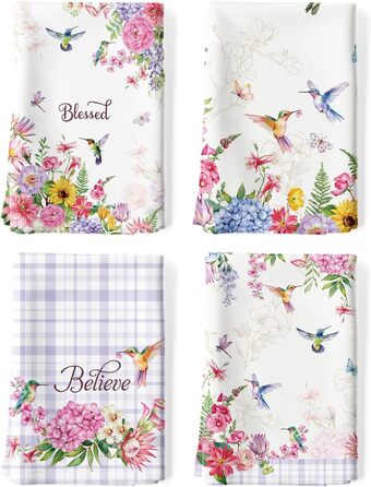 Кухонні рушники, бавовна, 4 упаковки, кухонні рушники, 100 бавовна. Осінній набір кухонних рушників. Багатоцільовий високоякісний набір кухонних рушників для сушіння. Рушники 50 x 70 см (пташки та квіти)