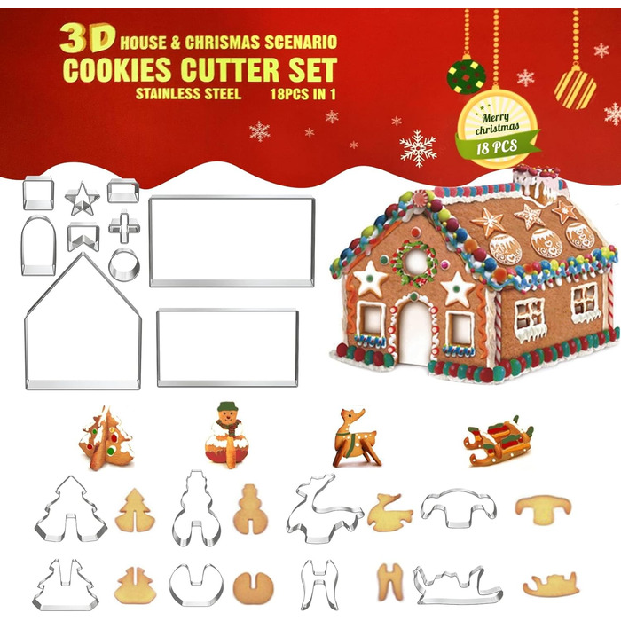 Форма для печива з пряникового будиночка, різдвяний пряниковий будиночок, різдвяна формочка для печива, форма для випічки своїми руками, різдвяна форма з нержавіючої сталі, різдвяний будиночок (18 шт./будиночок, сніговик, олень, сани)
