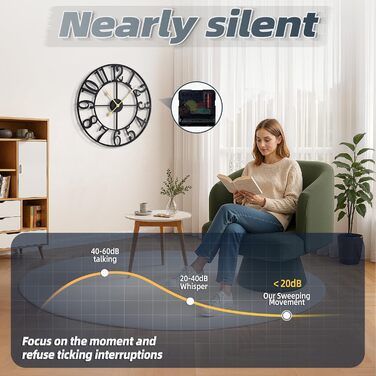 Великий круглий металевий настінний годинник у вінтажному стилі з безшумним нецокаючим годинником на батарейках 40 см, 16-дюймові римські цифри, годинники для вітальні, спальні, кухні, настінний годинник-прикраса (чорні арабські цифри, 60 см)