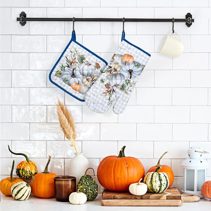 Набір з 2 кухонних рукавичок Arquiel з тримачем для каструлі Gnome Autumn Orange Checked, 100 бавовняні кулінарні рукавички, термостійкі кухонні рукавички для приготування їжі, осінній декор, подарунки для жінок (осінній гарбуз, духовка тримач для каструл