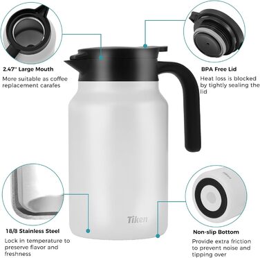 Термоглечик для кави 1,5 л з нержавіючої сталі, білий Tiken