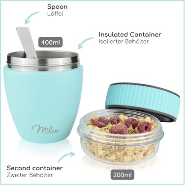 Стаканчик для пластівців Milu на винос 400 мл з назвою MsliMax для йогурту герметичний стаканчик з ложкою (бірюзовий, нержавіюча сталь)