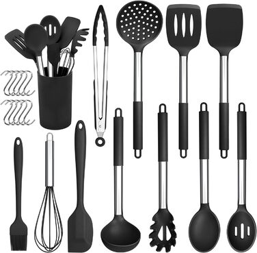 Набір силіконових кухонних гаджетів Herogo, набір столових приборів для приготування чорного кухонного посуду з 22 предметів із тримачем для посуду, термостійке кухонне начиння з ручкою з нержавіючої сталі, антипригарне та здорове