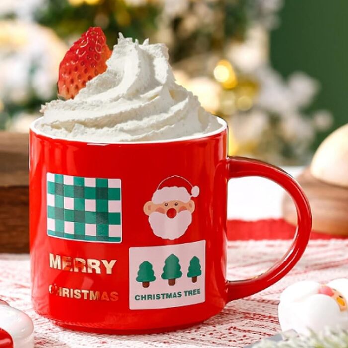 Рождественская кружка 400 мл с крышкой и ложкой, красная с принтом Санта Клауса SuperglockT