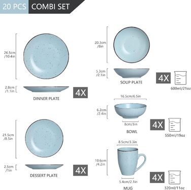 Столовий сервіз з керамограніту, набір посуду vancasso MODA, вінтажний зовнішній вигляд, комбінований сервіз із 40 предметів з 8 обідніми тарілками, тарілками для тортів, суповими тарілками, мисками та чашками кожна (синій, комбінований сервіз 20 шт. )