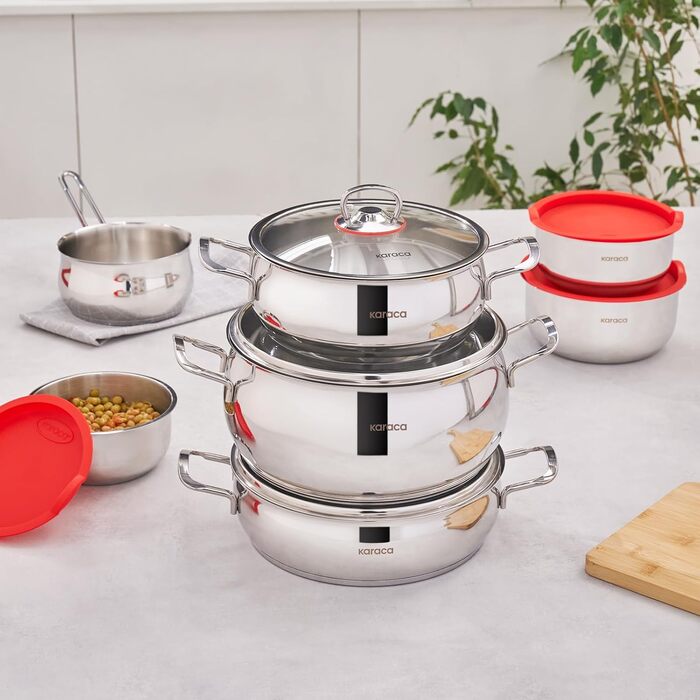 Набір індукційного посуду преміум-класу Karaca Emirgan з 8 предметів, сріблясто-червоний, міцний набір індукційного посуду, підходить для всіх типів плит, скляна кришка, каструлі та сковорідки, які можна мити в посудомийній машині (13 предметів - срібляст
