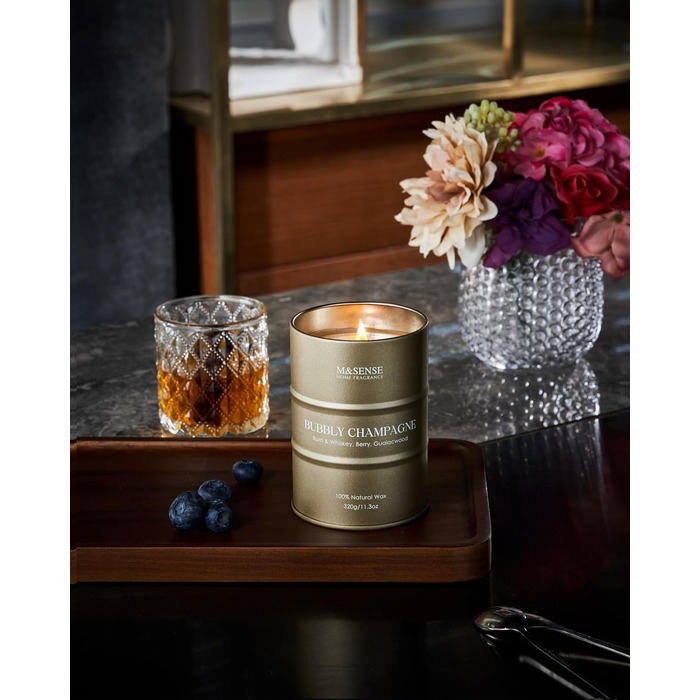 Ароматичні свічки M&SENSE з натурального соєвого воску, натуральна соєва свічка для домашнього декору, тривалий час горіння до 70 годин, стильні подарунки-свічки для чоловіків і жінок (320 г, ігристе шампанське)