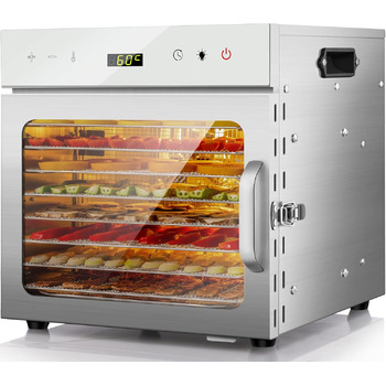 Дегідратор Kwasyo з нержавіючої сталі, 8 рівнів з 6 фольгами для дегідратації, книга рецептів, без бісфенолу А, настройка температури 30-90 , макс. 24 години, дегідратор для овочів, м&39яса, фруктів