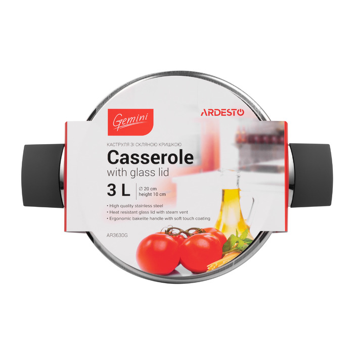 ARDESTO Каструля Gemini, скляна кришка, 3 л, нержавіюча сталь