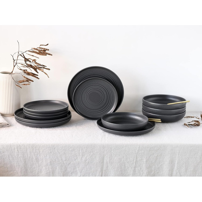 Набір посуду серії Uno з 16 предметів, комбінований сервіз з кераміки (Black Lava Stone, обідній сервіз з 12 предметів), 22978