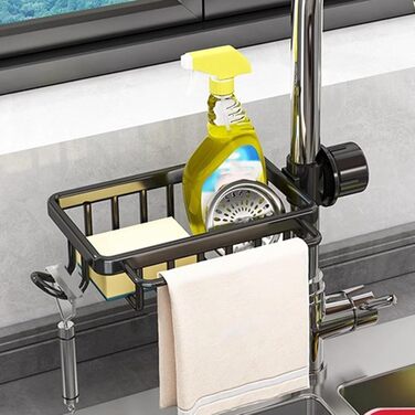 Тримач для губки для кухонного змішувача - Багатофункціональний органайзер для раковини Кошик-кран для зберігання губок, рушників для посуду та щіток Міцний дизайн з алюмінію та ABS-пластику Ідеально підходить для зберігання у ванній кімнаті (чорний)
