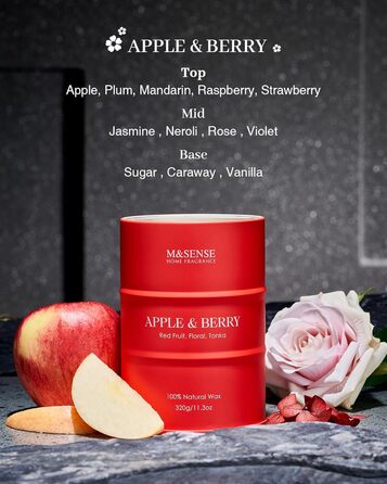 Ароматичні свічки M&SENSE з натурального соєвого воску, натуральна соєва свічка для домашнього декору, тривалий час горіння до 70 годин, класні подарунки-свічки для чоловіків і жінок (320 г, яблуко-ягідний)