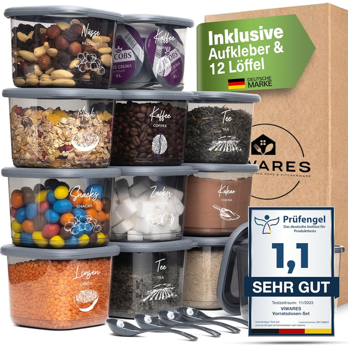 Банки для хранения с герметичными крышками Набор из 24 контейнеров для хранения БЕЗ БИСФЕНОЛА А Для мюсли, хранения муки и сахара Практичный кухонный ящик для хранения всех продуктов (антрацит 0,550 мл)