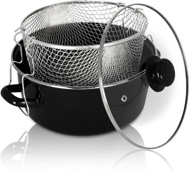 Емальована каструля 3,5 л для картоплі фрі з ставкою-сітом та скляною кришкою 24 см, чорна Krüger