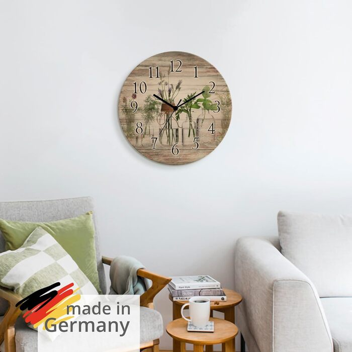 Настінний декор ARTLAND настінний годинник з дерева без цокання безшумний круглий Ø 30 см кухонний годинник кава капучино круасан T5XO Капучино та круасан (трави у пляшечках, кварцовий годинник)