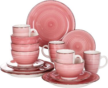 Комбінований набір фаянсу, обідній сервіз з ручним розписом vancasso Bella, стиль Марокко, вінтажний зовнішній вигляд, ручний розпис, на 12 осіб (комбінований набір з 16 предметів, Rosa-ii)