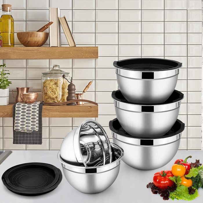 Чаша Herogo с крышкой, набор салатников из нержавеющей стали из 5 шт., размер 4,5 л / 2,7 л / 1,5 л / 1,2 л / 0,7 л, штабелируемая миска для смешивания и сервировки на кухне, включая принадлежности для выпечки, можно мыть в посудомоечной машине (черный)