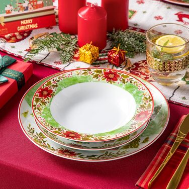 Серія 30-предметний порцеляновий різдвяний набір посуду для 6 осіб, різдвяний кавовий сервіз на 6 обідніх тарілок, 6 десертних тарілок, 6 супових тарілок, 6 кавових чашок та 6 блюдець (Різдвяний, 18-предметний обідній сервіз)