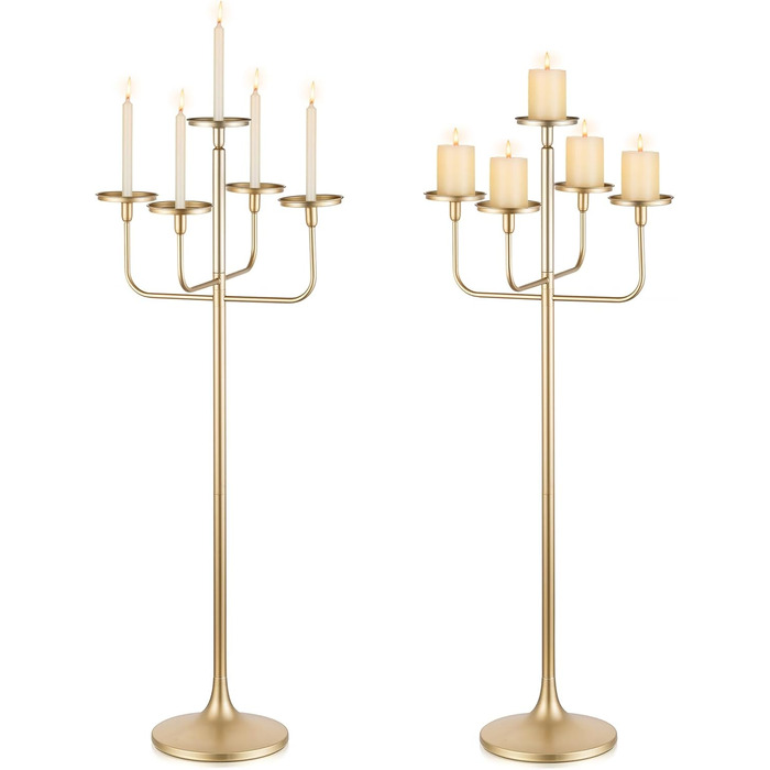 Підсвічник Sziqiqi, великий висота 22 см, 5 вішок, для свічок-паличок, стовпчастих свічок - металевий підлоговий свічник для вітальні на Хелловін, Різдво (золотий, 2)