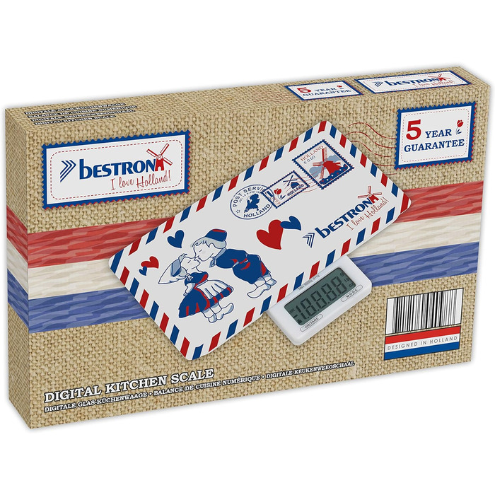 Цифровые кухонные весы Bestron с ЖК-дисплеем, Ретро-дизайн, Сладкие сны, Грузоподемность 5 кг, Точность до 1 г, Стекло, Розовый (Белый/Синий (Я люблю Голландию))