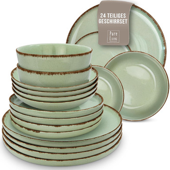 Набор посуды из керамогранита на 6 персон рустик 24 предм. - Набор посуды в деревенском стиле, можно мыть в посудомоечной машине - Набор мисок и тарелок - Посуда Pure Living (набор из 24 предметов, мятно-зеленый)