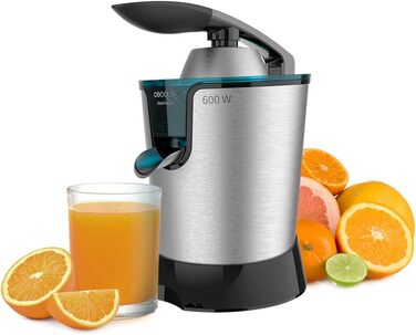 Соковижималка для цитрусових Cecotec Electric Arm 600 Steel. 600 Вт, ситечко з нержавіючої сталі, 2 знімні конуси, важіль тиску, протикрапельна система, можна мити в посудомийній машині (Inox, PowerAdjust 600 Black)