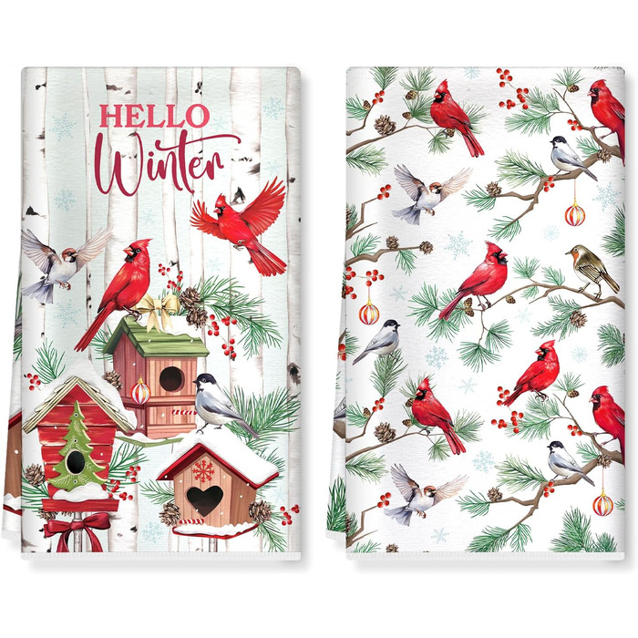 Набір з 2 різдвяних кухонних рушників 60 x 40 см Червоні птахи Arquiel