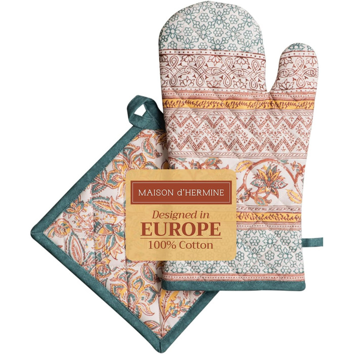 Рукавички для духовки, прихватки для каструль Maison d&39 Hermine, 100 бавовна, термостійкі кухонні рукавички, рукавички для духовки (19 x 33 см) та прихватки для каструль (20 x 20 см) для приготування їжі, Морзін - Рукавички для духовки (19 x 33 см) та п