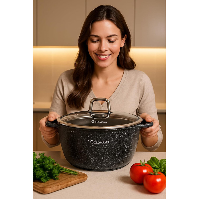Каструля/горщик GOLDMANN з антипригарним покриттям та скляною кришкою, 6,5 л, мармурове керамічне покриття, для всіх варильних поверхонь, екологічно чиста (32 см)
