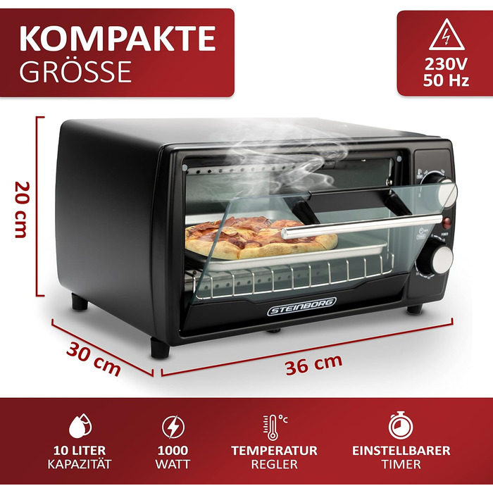 Міні-піч Ecosa 1000 Вт 10 літрів Включаючи деко та решітку для гриля Піч для піци 90-230C Таймер на 60 хвилин Складаний піддон для крихт Міні-піч Духовка Мала духовка