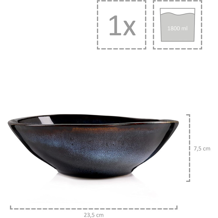 СПІВАЧКА Тарілка для пасти Токіо 4 шт., Тарілка для спагетті 4 персони, Набір посуду з кераміки Макарони, Тарілка з локшиною Можна мити в посудомийній машині, Миска для макаронів ручної роботи, Миска для макаронів синьо-чорна з коричневими вставками 1,2 л