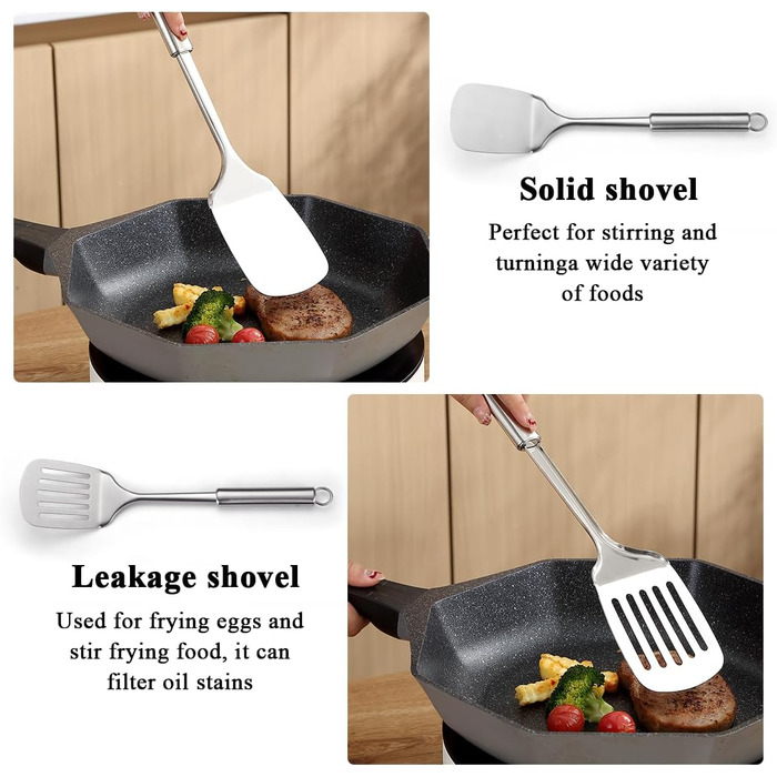 Набір кухонного начиння ReaNea з нержавіючої сталі, 4 предмети, кухонний набір інструментів включає набір металевих шпателів, кухонну шумівку, ополоник, необхідні кухонні помічники, необхідні для нового дому. 4 предмети