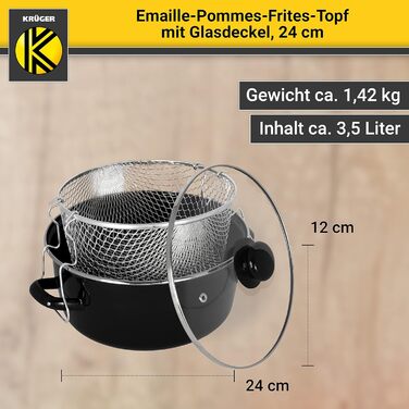 Емальована каструля 3,5 л для картоплі фрі з ставкою-сітом та скляною кришкою 24 см, чорна Krüger