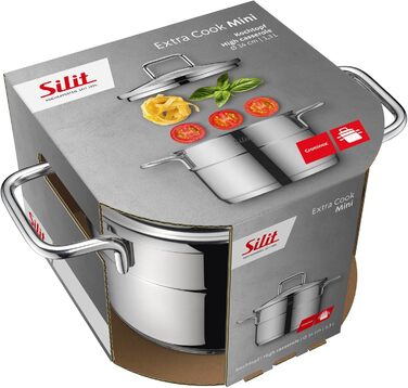 Набір посуду Silit Extra Cook каструлі 12/14 см зі скляною кришкою, внутрішньою мірною шкалою, широким обідком для зливу, нержавіюча сталь Crominox, для невеликих порцій, компактне зберігання, запобігає розтіканню (каструля для мяса, 14 см)