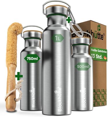 Ізольована пляшка для пиття преміум-класу з нержавіючої сталі 1л з натуральною щетиною Герметична ізольована пляшка Ізольована пляшка для університету, офісу, яку можна мити в посудомийній машині Без BPA (750 мл)