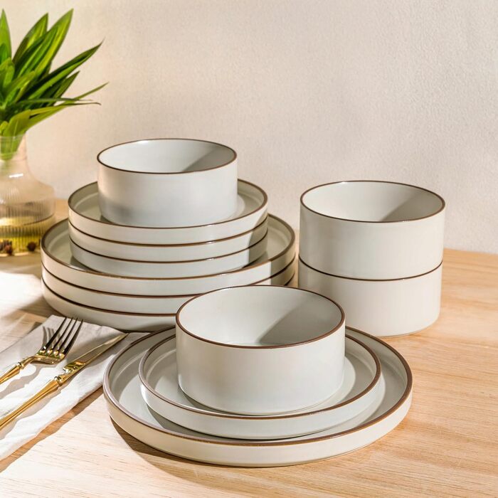 Набір посуду LeRatio для 6 осіб, 18-предметний набір керамічного посуду, керамічна миска та тарілка, стійкі до подряпин (18 предметів, перлинно-біло-коричневий обідок)