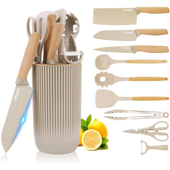 Набір ножів з 10 предметів включає 6 ножів і 4 силіконових посуду, набір ножів з блоком і 4 силіконових лопатки Justup