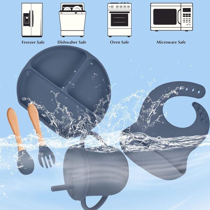 Набір дитячого столового посуду 5 предметів Силіконовий набір дитячого столового посуду Нековзна дитяча тарілка з присоскою Миска Нагрудник Ложка Виделка Набір дитячого харчування для маленьких дівчаток без бісфенолу А, (темно-синій)