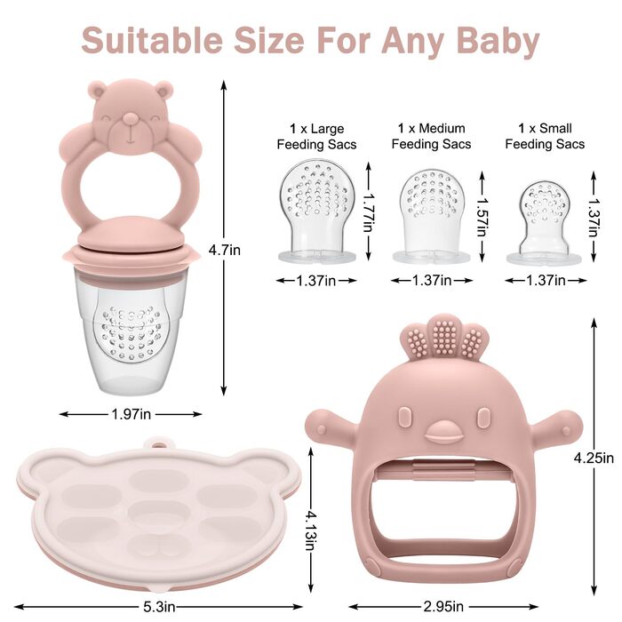 Контейнер для зберігання дитячого харчування, фруктова пустушка, силіконовий дозатор для фруктової їжі, дитяче грудне молоко, прорізування зубів, морозиво, без BPA, підходить для безпечного самостійного годування 3-місячних дітей (Pink02)