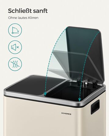 Кухонний контейнер для сміття SONGMICS, 2 x 15 літрів, система розділення сміття, 2 відділення, включаючи 15 мішків для сміття, відро для сміття, відро для сміття з педалями, перероблені відходи, органічні відходи, кришка з мяким закриттям, LTB30BK (пісоч