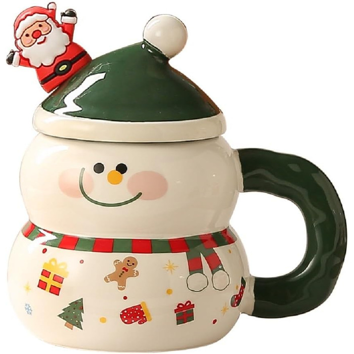 Різдвяний кухоль 400 мл з кришкою та ложкою, Сніговик в зеленій шапці VollfitYYu