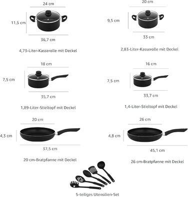 Набір посуду з антипригарним покриттям 15 предметів чорний Amazon Basics