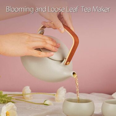 Японський чайник ZENS з ситечком, Сучасний 800 мл матовий білий чайний набір керамічний з 4 чашками і підставкою з ротанга, Набір для заварювання чаю з конопляної мотузки, подарунок для любителів чаю (02-сірий чайник)