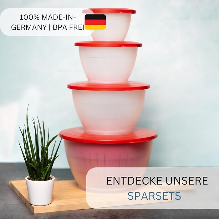 Набор чаш Westmark, 4 чаши с крышками и ситом/ситечком, 9 шт., емкость 0,6/1,3/2,5/4,4 литра, пластик, без бисфенола А, Olympia, цвет прозрачный/ 2420226A (набор из 3 шт., красный)